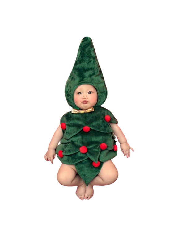 Newborn Christmas Gift Cute Tree, Flannel Velvet Baby Sleeveless Bodysuit with Matching Pointed Tree Hat, Infant Holiday Photoshoot Outfit for Half Year Baby Green 3-6 Months