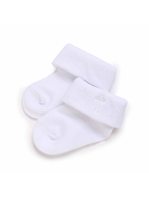Newborn White Cotton Socks, Baptism Socks for Baby Ankle Crew Socks Christening Socks with Embroidery Cross 0-1 Years