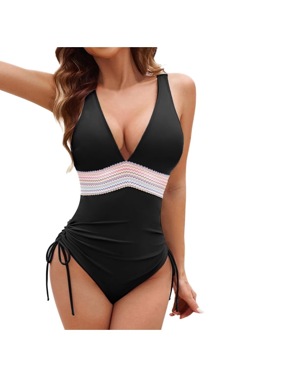 One Piece Bathing Suit for Women Tummy Control Swimsuits V Neck Adjustable Drawstring Straps Swimming Suits