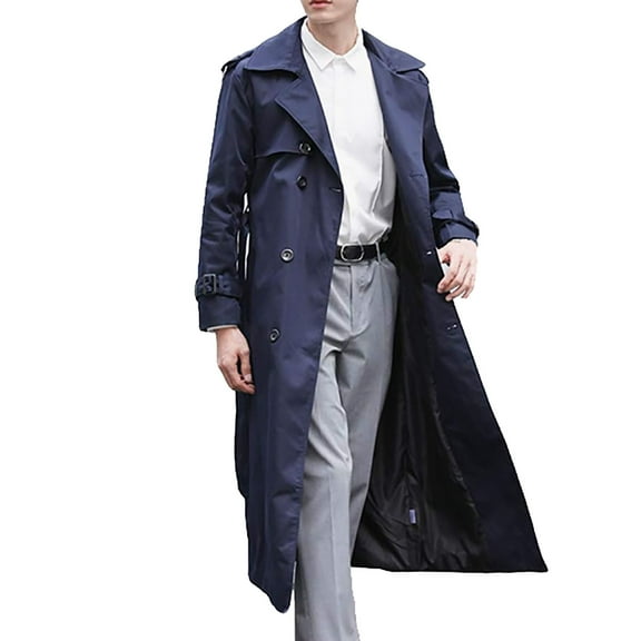 QHFBli Oversized Mens Trench Coat Classic Long Double Trench Coat with Shoulder and Waist Navy 5XL