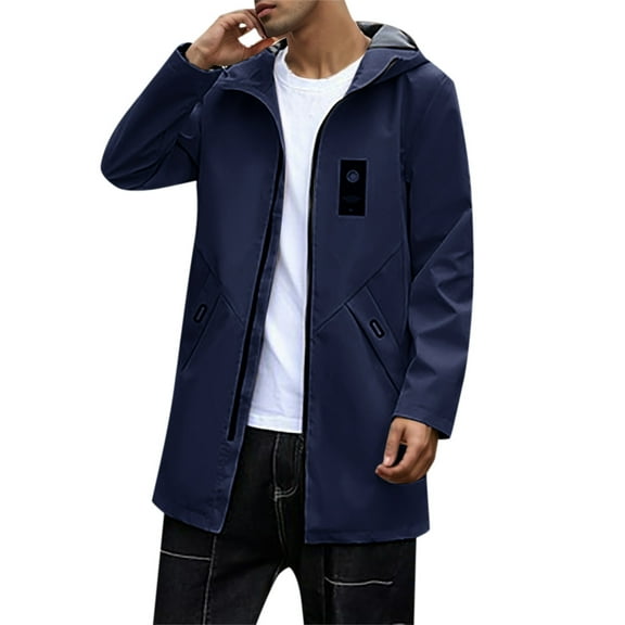 QHFBli Oversized Mens Trench Coat Men's Slim Fit Mid-Length Anorak Jacket Hooded Windproof Trench Coat for Navy XL