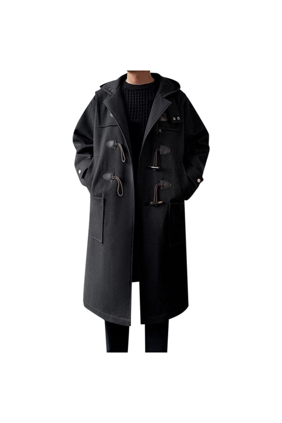 Oversized Mens Trench Coat Men's Smooth Shoulder Woolen Anorak With Lapel And Detachable Hood Long Windbreaker Winter Jacket Loose Black XL