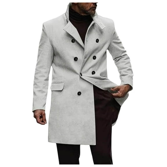 QHFBli Oversized Mens Trench Coat Men's Winter Wool Overcoat Long Anorak Jacket Fashionable Warm Soft Grey M