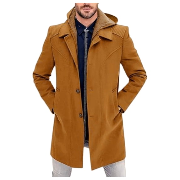 QHFBli Regular Fit Mens Trench Coat Men's Winter Wool Overcoat Long Anorak Jacket Fashionable Warm Soft Gold L