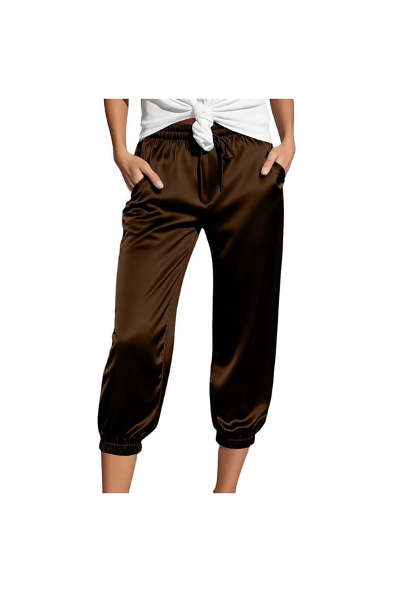 Satin Capri Pants for Women High Waist Lightweight Drawstring Casual Cropped Trouser Loose Fit Fashion Solid Trousers