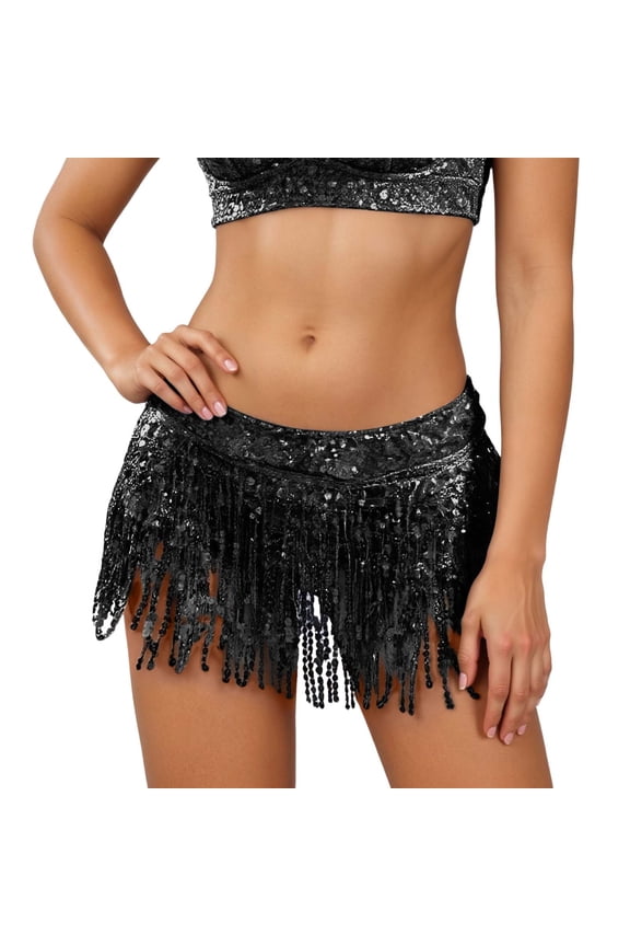 Sequin Tassel Skirt Belly Dance Scarf Wrap Sparkly Tinsel Fringe Skirt Rave Festival Halloween for Women