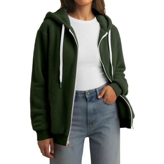 QHFBli Sherpa Jacket for Women Full Zip Oversized Long Sleeve Hooded Fuzzy Cardigan Coat Fashion Winter Outwear