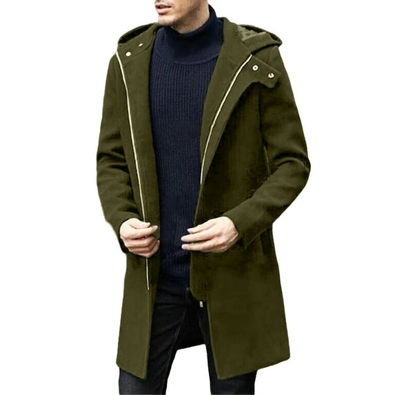 QHFBli Slim Fit Mens Trench Coat Men Solid Color Hooded Windbreaker Concealed Zipper Cardigan Long Loose Comfortable Casual Business Green XXL