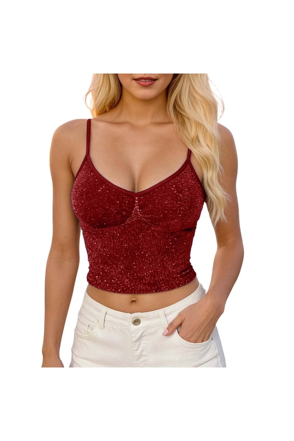 Sparkly Tank Tops for Women V Neck Spaghetti Strap Sleeveless Slim Fit Shimmer Workout Gym Yoga Crop Tops