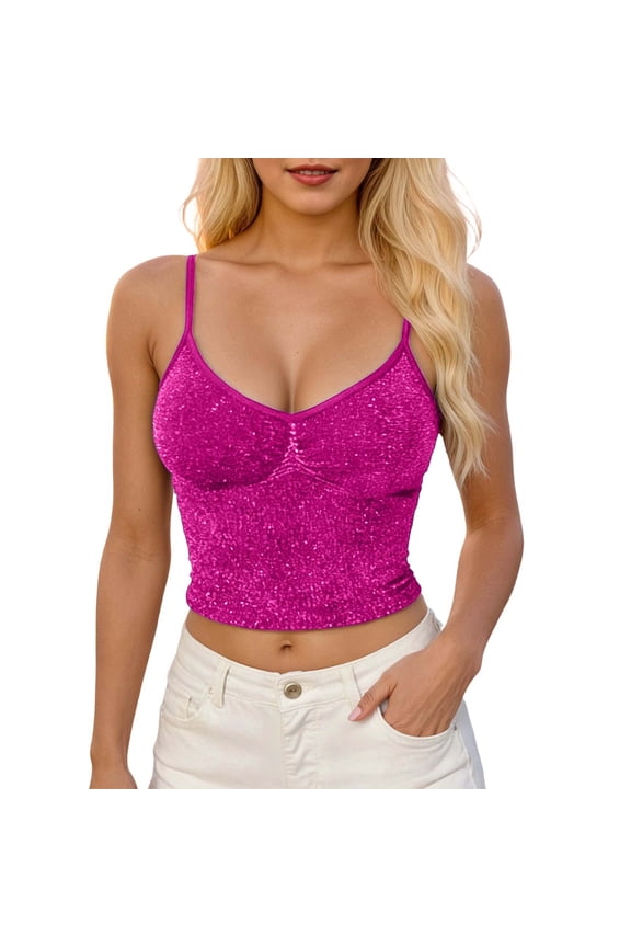 Sparkly Tank Tops for Women V Neck Spaghetti Strap Sleeveless Slim Fit Shimmer Workout Gym Yoga Crop Tops