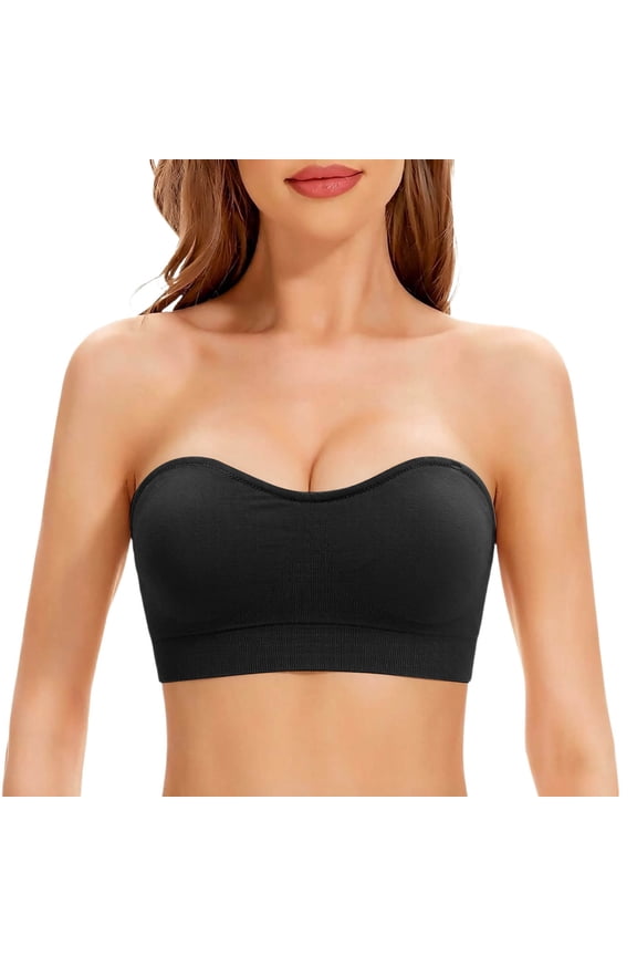 Spring Summer Anti-Slip Strapless Bandeau Bras for Women, Integrated Fixed Cup Seamless Bra, Low-Cut Dress Layering Push Up Anti-Slide Tube Tops Black S