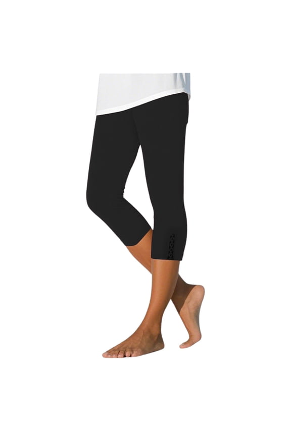Stretchy Spandex Leggings Summer Women's Fashion Casual Solid Hollowed Out 3/4 Length Capri Pants for Everyday Wear Comfortable Stretchy High