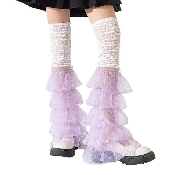 QHFBli Summer Mesh Leg Sleeves Japanese Lace Leg Warmers Pearls Dec Sweet Ruffle Long Socks Leg