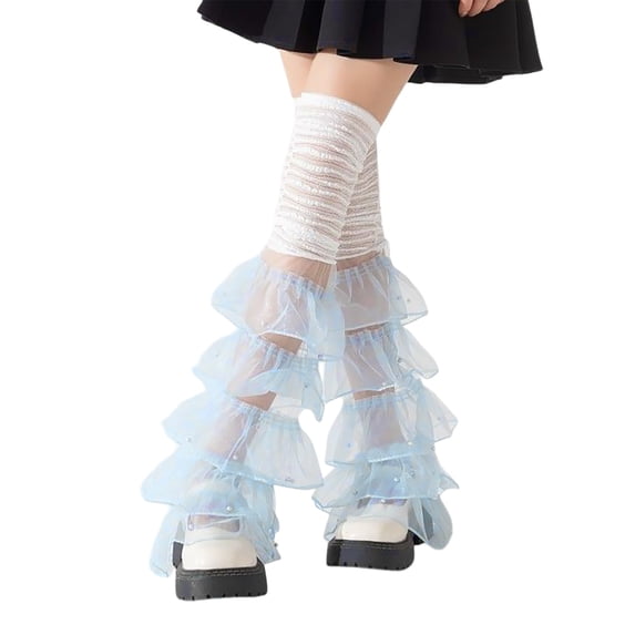 QHFBli Summer Mesh Leg Sleeves Japanese Lace Leg Warmers Pearls Dec Sweet Ruffle Long Socks Leg