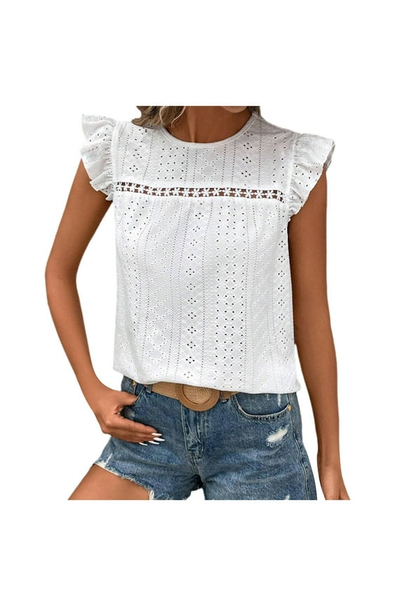 Summer Tops for Women Eyelet Ruffle Sleeve Blouses Solid Color Shirts Casual Loose Crewneck Tunic Tops