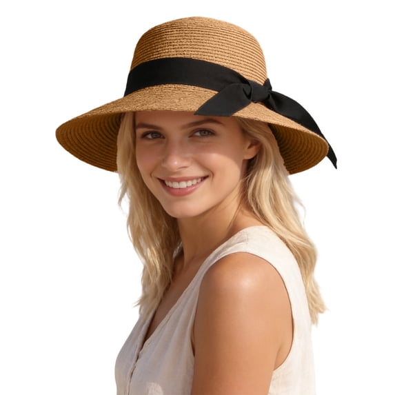 QHFBli Sun Straw Hat for Women with Wind Lanyard Wide Brim Foldable Beach Summer Hats Womens UV 50+ Protection Bowknot Cap