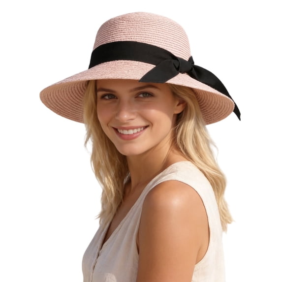 QHFBli Sun Straw Hat for Women with Wind Lanyard Wide Brim Foldable Beach Summer Hats Womens UV 50+ Protection Bowknot Cap