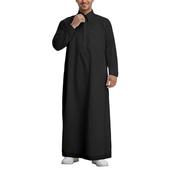 QHFBli Thobe for Men Long Sleeve Kaftan Muslim Thobe Button Down Long Gown Caftan with Pockets