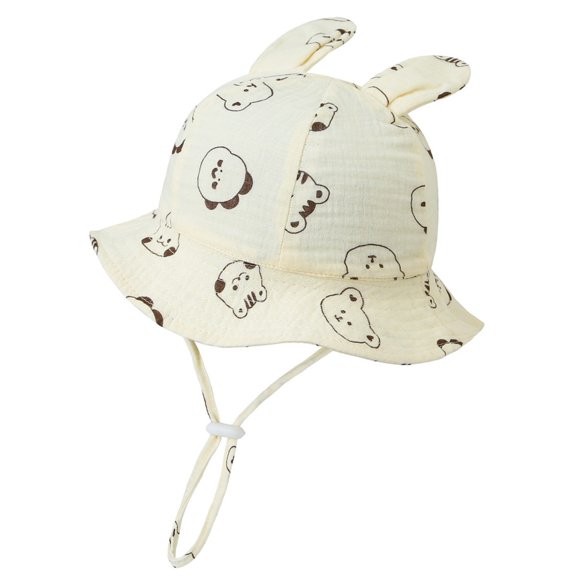 QHFBli Toddler Bunny Ears Summer Bucket Hat, Soft Crinkle Gauze Basin Cap, Windproof Chin Cord Outdoor Sun Hat for Baby