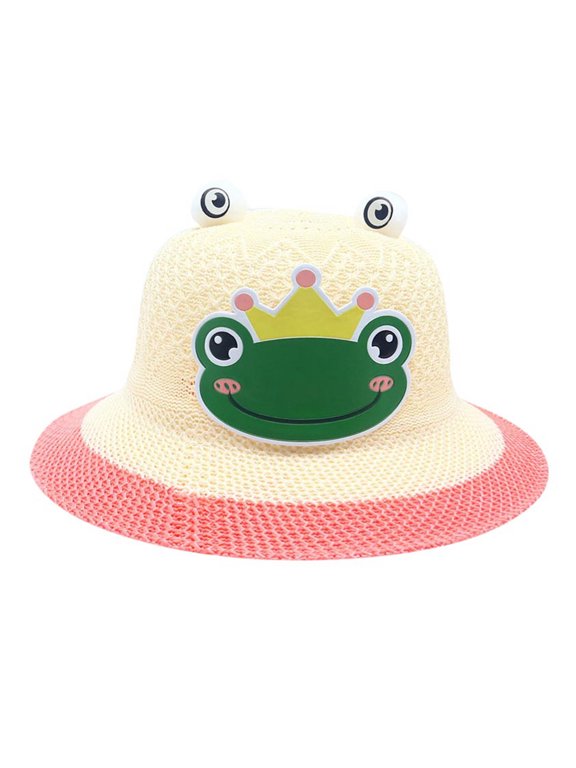 Toddler Kids Straw Bucket Sun Hat, Cute Frog Crown 3D Eyes Wide Brim UV Protection Beach Hat for Baby Girls Outdoor Summer