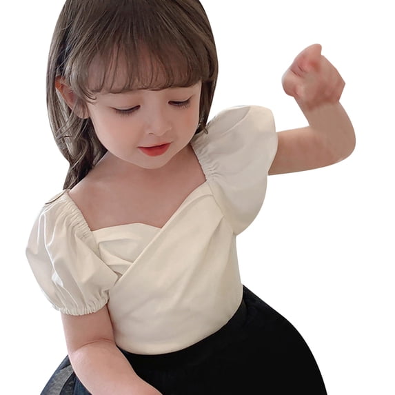QHFBli Toddler T Shirts for Girls Kids Cute Puff Sleeve Solid Color Crossover Tee Tops Summer Dressy Casual Pullover Shirts White 18-24 Months