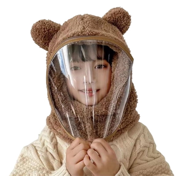 QHFBli Toddler Windproof Integrated Hat with Clear Face Cover, Cute Bear Ears Thick Full Face Winter Cap, Kids Outdoor Cycling Hat