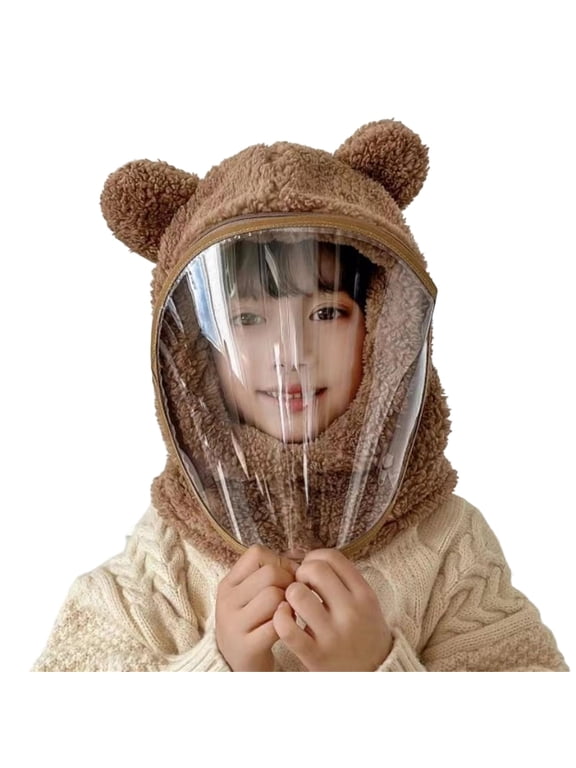 Toddler Windproof Integrated Hat with Clear Face Cover, Cute Bear Ears Thick Full Face Winter Cap, Kids Outdoor Cycling Hat
