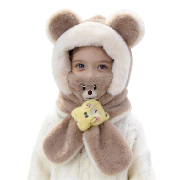 QHFBli Toddler Winter Plush Bear Hooded Scarf, Fuzzy Ear Protection Hat, One Piece Warm Cap for Little Kids