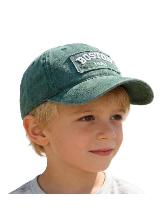 Vintage Distressed Kids Baseball Hat, Frayed Patch Boston Letter Embroidery, Washed Cotton Adjustable Toddler Cap 2-8 Years