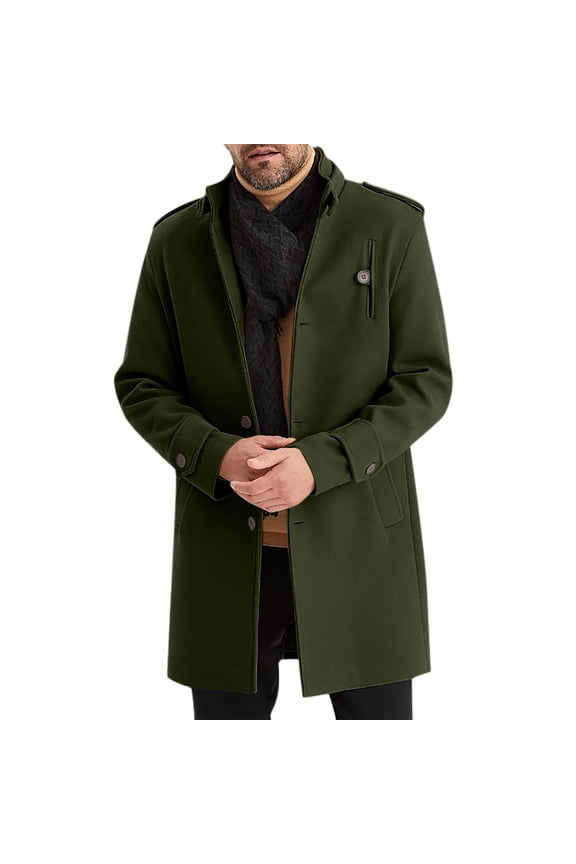 Vintage Mens Trench Coat Men Solid Color Stand Up Collar Long Windbreaker Business Foreign Trade Loose Green XL