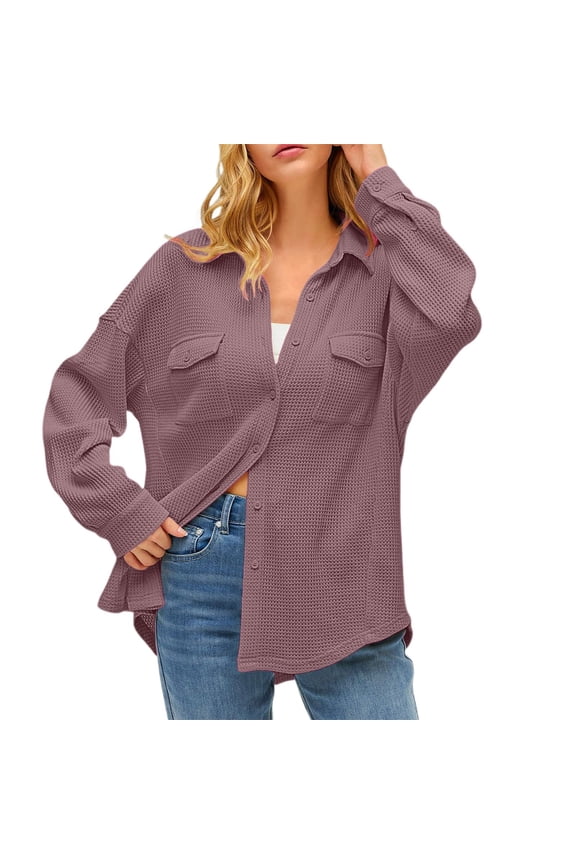 Waffle Knit Button Down Shirts for Women Dressy Casual Work Shacket V Neck Long Sleeve Loose Tops with Pocket