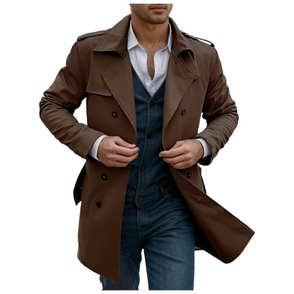QHFBli Water-Resistant Mens Trench Coat Long Double Trench Coat for Men Spring Autumn Casual Windproof Outdoor Coffee M