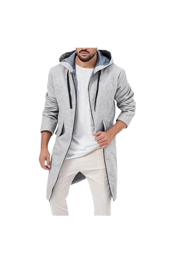 Water-Resistant Mens Trench Coat Men's Winter Wool Blend Anorak Long Hooded Overcoat with Soft Warm Comfortable Grey L