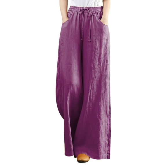 QHFBli Wide Leg Linen Pants for Women Summer Flowy High Waisted Beach Palazzo Trousers