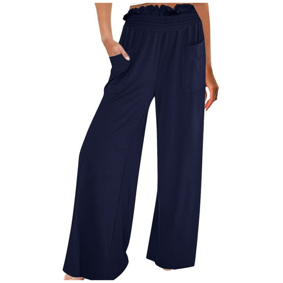 QHFBli Wide Leg Pants for Women High Wasited Baggy Palazzo Pants Casual Pull On Bell Bottom Smocked Elastic Waist Pants