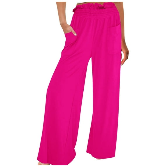 QHFBli Wide Leg Pants for Women High Wasited Baggy Palazzo Pants Casual Pull On Bell Bottom Smocked Elastic Waist Pants