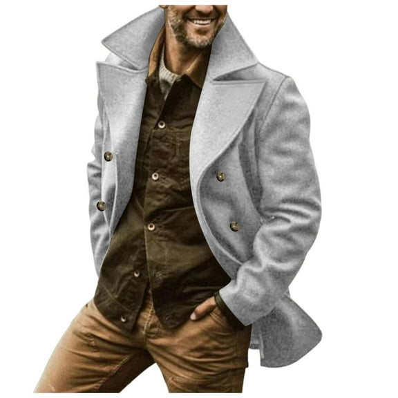 QHFBli Windproof Mens Trench Coat Fall Winter Double Long Anorak Coat for Men with Lapel Collar Windbreaker Light Gray M