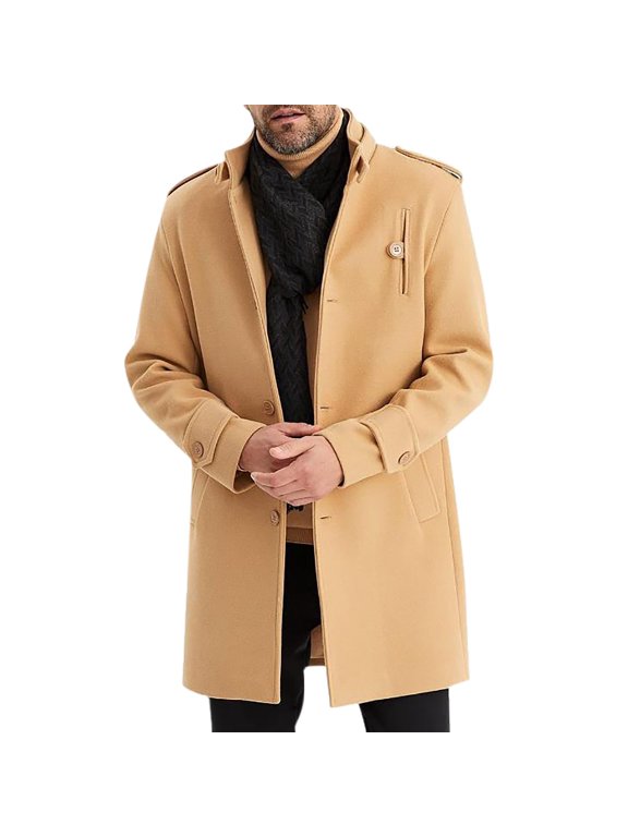Windproof Mens Trench Coat Men Solid Color Stand Up Collar Long Windbreaker Business Foreign Trade Loose Khaki M