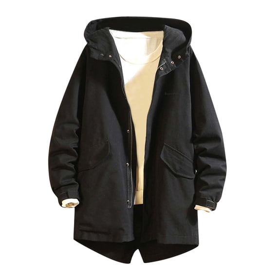 QHFBli Windproof Mens Trench Coat Mens Fashion Anorak Business Leisure Large Hooded Solid Color Versatile Casual Black XL
