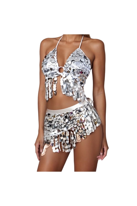 Women 2Pcs Belly Dance Dress Sequin Tassel Bra Top with Fringe Scarf Set Carnival Clubwear