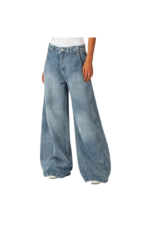 Women Baggy Jeans Mid-Low Waist Boyfriend Streetwear Vintage Jeans Wide Leg Denim Pants