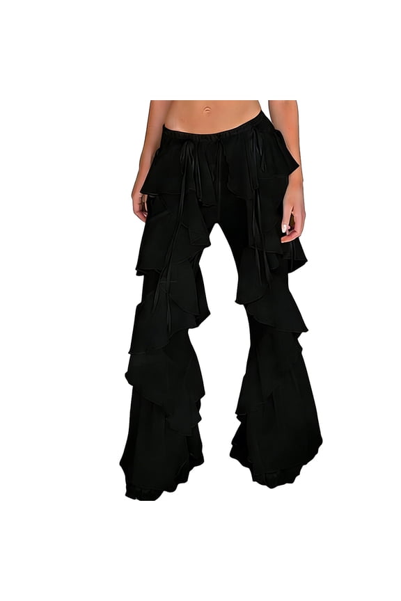 Women Boho Ruffle Mesh Pants Flare Beach Cover Up Pants Sheer Going Out Bottom Pool Party Festival Rave Vacation