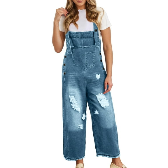 QHFBli Women Denim Jumpsuits 2025 Casual Sleeveless Loose Baggy Overalls Jeans Pants Jumpers with Pockets