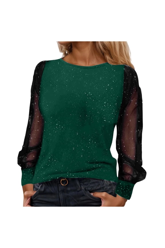 Women Dressy Shirt Sheer Mesh Patchwork Long Sleeve Glitter Tunic Tops Crewneck Casual Bling Blouse for Party Travel