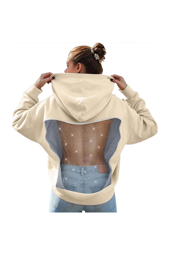 Women Hoodie Sweatshirt Back Sequin See Through Fishnet Mesh Pullover Long Sleeve Backless Top with Pocket