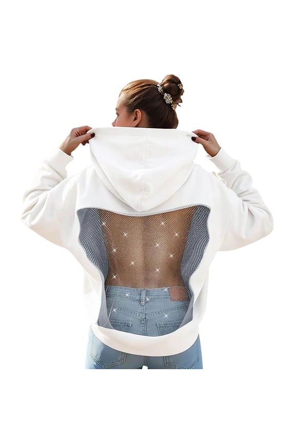 Women Hoodie Sweatshirt Back Sequin See Through Fishnet Mesh Pullover Long Sleeve Backless Top with Pocket