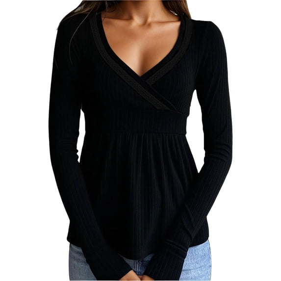 QHFBli Women Knit Tops Long Sleeve Lace Patchwork Low Cut Peplum Sweater Fairy Vintage 90s Coquette Blouse