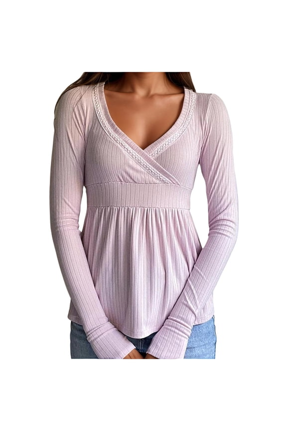 Women Knit Tops Long Sleeve Lace Patchwork Low Cut Peplum Sweater Fairy Vintage 90s Coquette Blouse