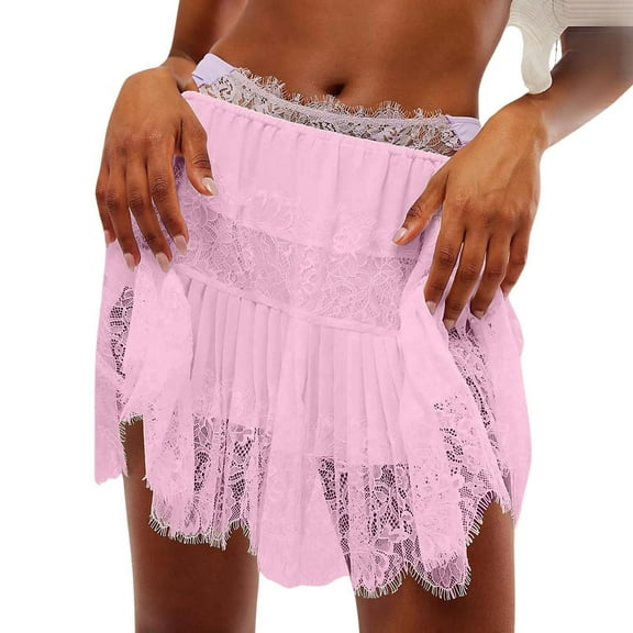 QHFBli Women Lace Mini Skirt Low Rise Pleated Ruffle Half Skirt Layered Flowy Short Skirt Streetwear
