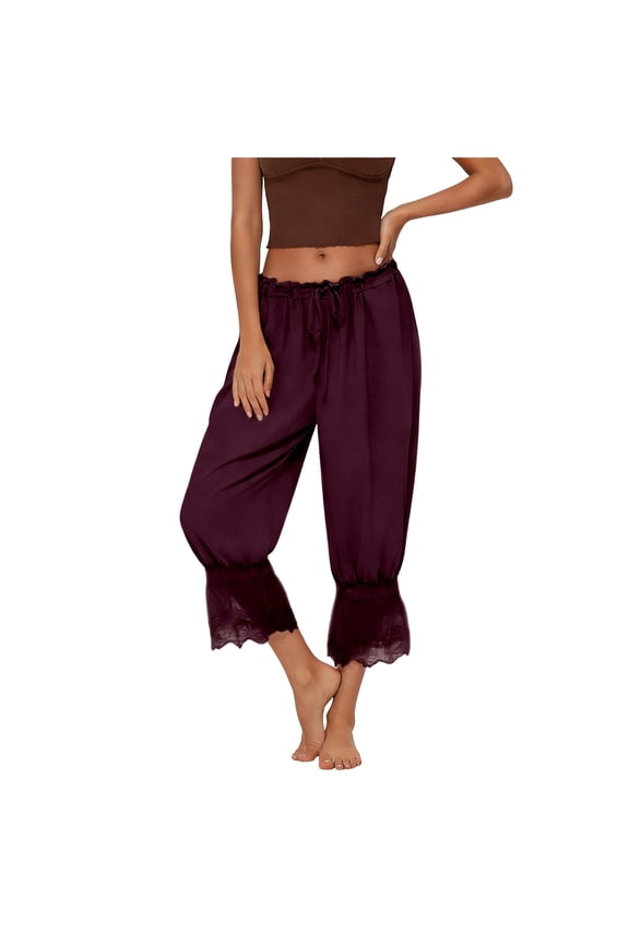 Women Linen Lace Trim Long Bloomers Pants Ruffle Victorian Vintage Pantaloons Summer Beach Travel Vacation Pants